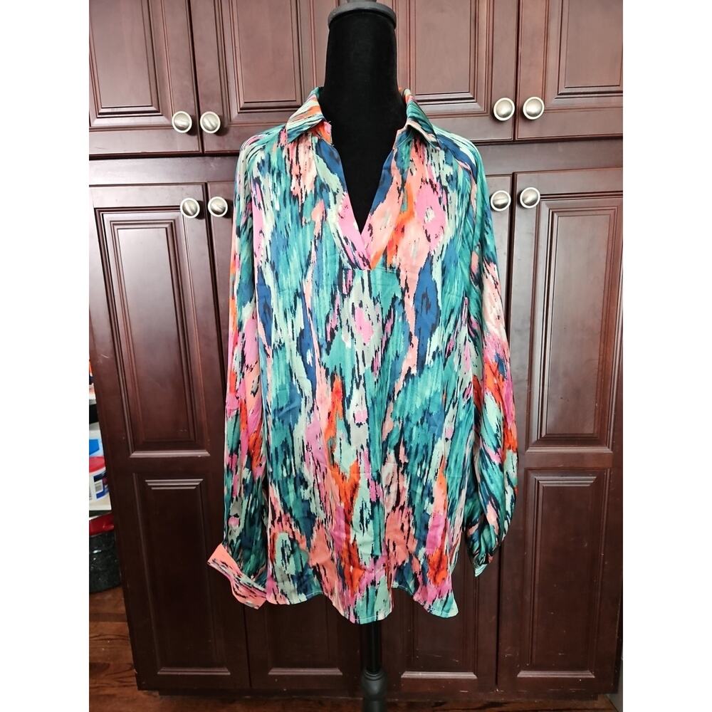 Vibrant Multicolor Collared V-Neck Blouse